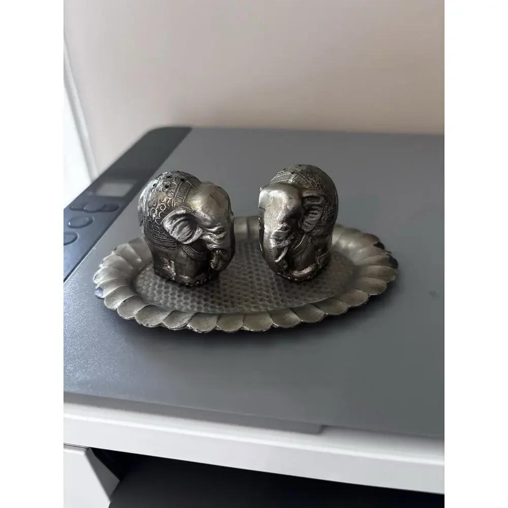 Vintage Occupied Japan Elephant Salt Pepper Set Tray MCM Brass Safari Silver